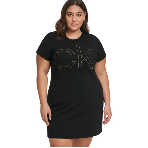 Calvin Klein NWT 3X Plus T Shirt Dress Embellished Black Stretchy Casual - Picture 1 of 8